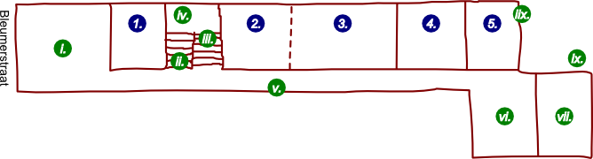 Floor plan of the studio building with studios 1. through 5. along a long hallway